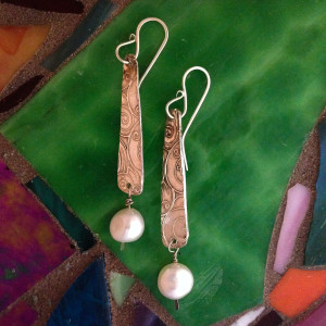 Metal Clay and Pearl Drop Rectangle Earrings