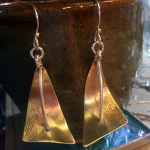 Brass and Sterling Hand Forged Sail Earrings